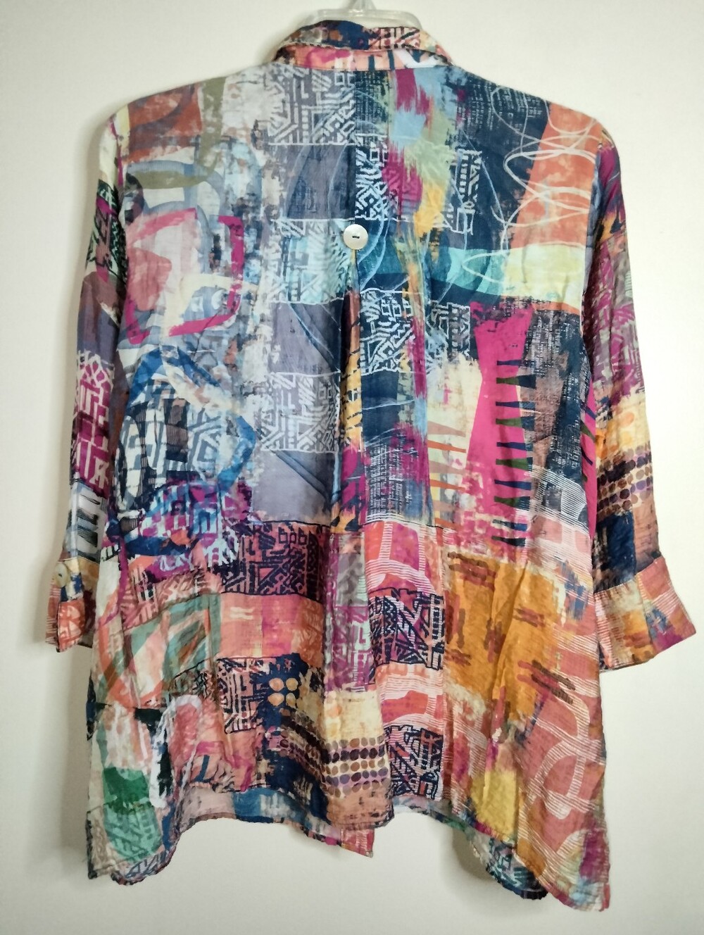 Ali Miles (Size 1X) Multicolored Patchwork Rayon 3/4 Sleeves Button-Down Shirt - Picture 11 of 12